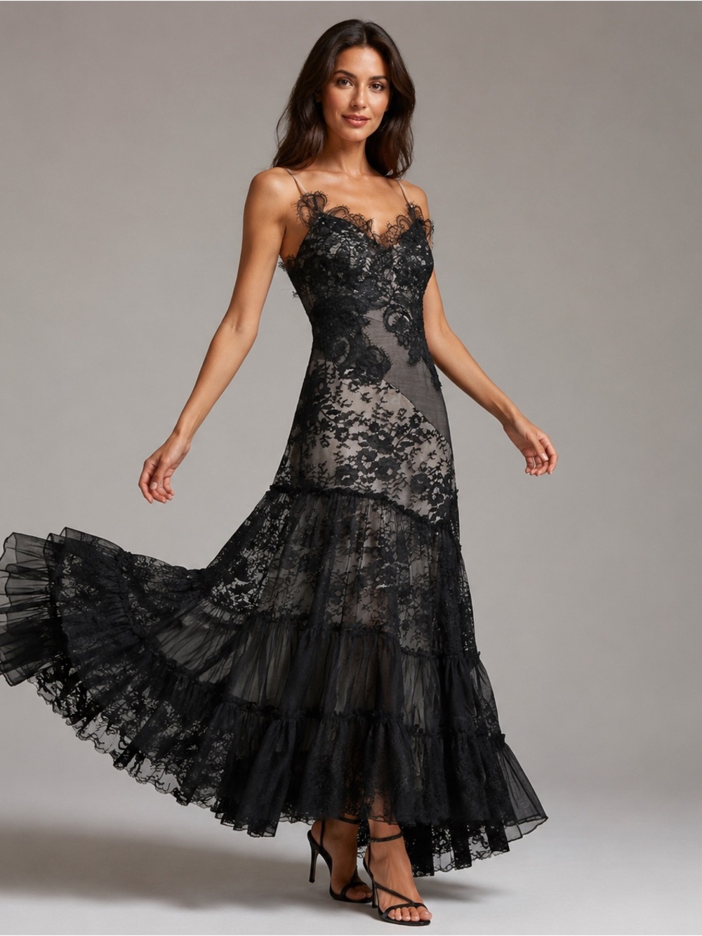 Black Lace Asymmetrical Ruffle Maxi Dress Size M
